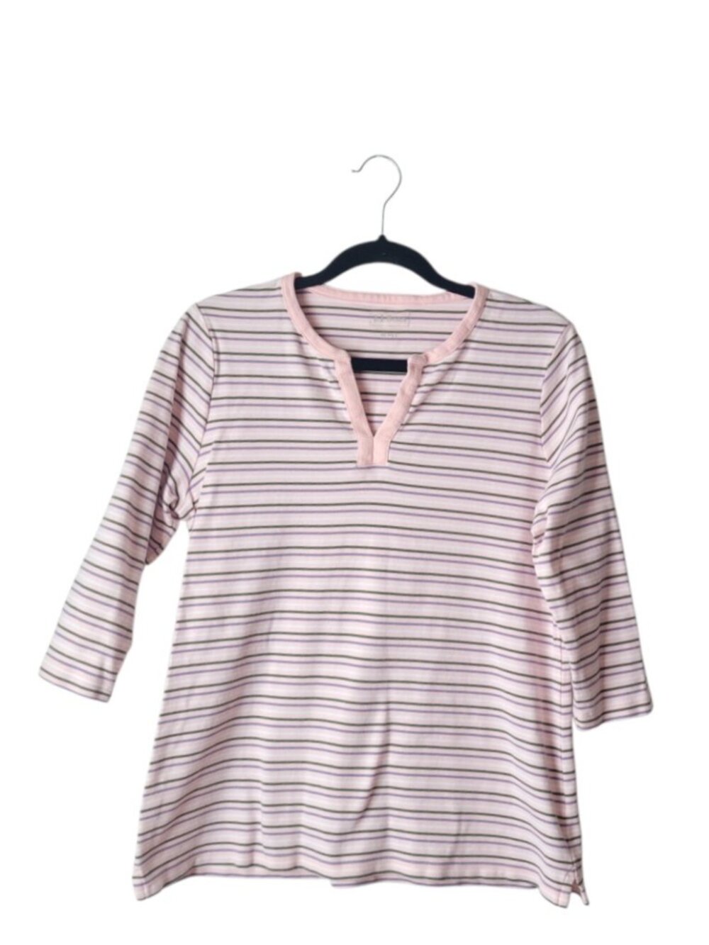 L.L. Bean Pink Striped V-neck Cotton Blouse